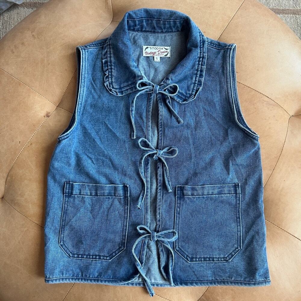 Denim Tie Front Vest Top Triple Bow Peter Pan Collar 90s Romantic French Girl S
